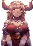  1girl :o alicia_(granblue_fantasy) bangs blunt_bangs breasts cross cross_earrings dress earrings eyebrows eyebrows_visible_through_hair gloves granblue_fantasy highres horns jewelry large_breasts long_hair looking_at_viewer pointy_ears puffy_short_sleeves puffy_sleeves red_eyes short_sleeves silver_hair simple_background solo uguisu_(pix-pix) under_boob underboob_cutout upper_body white_background white_gloves 