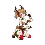  1girl animal_costume antlers brown_eyes brown_gloves brown_hair cake detached_sleeves food gloves hair_ribbon highres looking_at_viewer official_art red_legwear red_ribbon reindeer_antlers reindeer_costume reindeer_ears reindeer_tail ribbon shorts silica simple_background solo sword_art_online sword_art_online:_code_register thigh-highs tongue tongue_out twintails white_background 