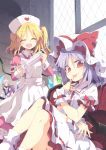  4girls alternate_costume apron bat_wings blonde_hair blood blush bobby_socks closed_eyes dress fangs flandre_scarlet hat hat_ribbon heart indoors izayoi_sakuya large_syringe lavender_hair long_hair long_sleeves looking_at_viewer maid_headdress mob_cap multiple_girls nurse nurse_cap open_mouth oversized_object patchouli_knowledge puffy_short_sleeves puffy_sleeves purple_hair red_eyes red_ribbon remilia_scarlet ribbon ribbon_trim satou_kibi short_hair short_sleeves side_ponytail silver_hair sitting smile socks syringe tongue tongue_out touhou white_legwear window wings wrist_cuffs 