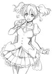 1girl bow cowboy_shot earrings fresh_precure! heart heart_earrings hisaki idol jewelry lineart looking_at_viewer microphone momozono_love precure short_hair short_twintails sketch skirt smile solo twintails white_background wrist_cuffs 