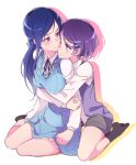  2girls blue_eyes blue_hair blush dokidoki!_precure hishikawa_rikka hug hug_from_behind kenzaki_makoto long_hair looking_at_another multiple_girls negom precure purple_hair ribbon short_hair simple_background sitting smile violet_eyes wariza white_background yuri 