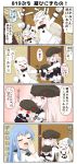  3girls 4koma :d ? ^_^ black_gloves blue_hair blush chibi closed_eyes comic commentary_request dress female_admiral_(kantai_collection) flying_sweatdrops gloves hat highres kantai_collection long_sleeves military military_uniform mittens multiple_girls northern_ocean_hime one_eye_closed open_mouth puchimasu! red_eyes shinkaisei-kan sleeveless sleeveless_dress smile translation_request uniform wavy_mouth white_hair yawning yuureidoushi_(yuurei6214) 