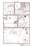  (o)_(o) 1girl closed_eyes comic directional_arrow futon highres indoors kantai_collection long_hair monochrome moomin moomintroll muppo northern_ocean_hime pajamas rabbit sazanami_konami silent_comic solo tail thought_bubble toilet twitter_username 