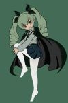 anchovy bangs brown_eyes cape drill_hair girls_und_panzer green_hair hair_ribbon hands_on_own_knee knee_up miniskirt necktie open_mouth otoufu pantyhose pleated_skirt ribbon shirt skirt smile twin_drills 