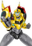  1boy autobot blue_eyes bumblebee clenched_hand glowing glowing_eyes kamizono_(spookyhouse) machine machinery mecha no_humans open_mouth pointing pointing_at_viewer robot science_fiction simple_background smile solo teeth transformers transformers_prime 