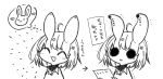  1girl :3 :d ^_^ ahoge arrow_(symbol) chibi closed_eyes collared_shirt commentary_request flower greyscale hair_flower hair_ornament holding holding_photo hollow_eyes inari_9999 leucochloridium_paradoxum medium_hair monochrome o_o open_mouth original parasite parted_lips photo_(object) rabbit shirt smile speech_bubble spoken_animal thought_bubble translation_request turtleneck upper_body usami_yado_(inari_9999) 