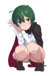  1girl antennae cape full_body green_eyes green_hair long_sleeves looking_at_viewer shirt shoes short_hair shorts simple_background solo squatting tojo_(strit2p) touhou very_short_hair white_background wriggle_nightbug 