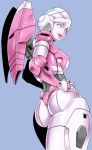  1girl 80s arcee ass autobot back blue_eyes breasts from_behind glowing kamizono_(spookyhouse) large_breasts lips looking_at_viewer looking_back machine machinery mecha no_humans oldschool open_mouth robot science_fiction smile solo transformers 