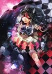  1girl black_hair blue_bow blue_bowtie bow bowtie checkered checkered_floor directional_arrow dress hand_on_hip horns kijin_seija multicolored_hair no-kan red_eyes redhead short_hair short_sleeves solo streaked_hair tongue tongue_out touhou uneven_eyes white_dress white_hair 