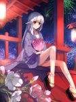 1girl absurdres architecture bangs breasts cleavage dotr east_asian_architecture fan fireworks floral_print flower flower_request folding_fan highres japanese_clothes kimono kneehighs lantern long_hair long_sleeves night night_sky paper_fan paper_lantern pointy_ears red_eyes sandals shrine sitting sky smile solo tagme uchiwa white_hair white_legwear yukata 