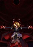  &gt;:o 1girl :o blonde_hair cape chain ex-rumia glowing glowing_eye halo high_collar highres outstretched_arms red_eyes rumia sphere spread_arms sword tennenmoe touhou weapon 