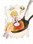  1girl bee blonde_hair brown_skirt choker expressionless food_themed_clothes frying_pan full_body gloves headphones honey looking_at_viewer morinaga_(brand) original pancake personification pouring rakuchii_(rurituvo) red_eyes shoes short_hair sitting skirt sneakers solo spatula white_gloves 
