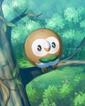  artist_name beak bird black_eyes blush day forest full_body grass in_tree kiiroikat leaf light_rays nature outdoors owl plant pokemon pokemon_(creature) pokemon_(game) pokemon_sm rock rowlet sunlight talons tree tree_branch wood 