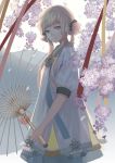  1girl ao_hitomi backlighting blonde_hair blue_eyes cherry_blossoms cowboy_shot double_bun dress head_tilt holding light_smile looking_at_viewer looking_to_the_side oriental_umbrella petals pixiv_fantasia pixiv_fantasia_new_world solo twintails umbrella 