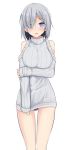  1girl :d bare_legs black_panties blue_eyes blush breasts breasts_outside hair_ornament hairclip hamakaze_(kantai_collection) hand_on_own_arm holding_arm kantai_collection large_breasts long_sleeves looking_at_viewer no_pants open_mouth panties pantyshot pantyshot_(standing) ribbed_sweater short_hair shoulder_cutout silver_hair simple_background solo standing striped sweater takeyuu turtleneck turtleneck_sweater underwear vertical_stripes white_background 
