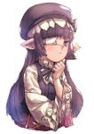  1girl bangs blunt_bangs blush brooch closed_mouth eyepatch granblue_fantasy hat highres jewelry long_hair long_sleeves looking_at_viewer lunaru_(granblue_fantasy) neck_ribbon one_eye_covered pointy_ears pout purple_hair purple_hat ribbon simple_background solo uguisu_(pix-pix) upper_body vest violet_eyes white_background wide_sleeves 