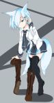  1girl animal_ears blue_eyes blue_hair boot_removed boots breasts commentary_request fox_ears fox_tail hair_ornament hair_over_one_eye korigitsune looking_at_viewer miniskirt multiple_tails necktie original short_hair single_boot single_shoe skirt tail thigh-highs 