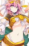 1girl animal_ears breasts caster_(fate/extra) fate/extra fate_(series) fox_ears fox_tail groin hair_ornament large_breasts light_smile midriff navel pink_hair solo tail uchisukui under_boob underwear yellow_eyes 