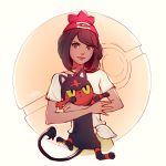  &gt;:) 1girl beanie brown_eyes brown_hair closed_mouth female_protagonist_(pokemon_sm) hat holding lips litten_(pokemon) poke_ball pokemon pokemon_(creature) pokemon_(game) pokemon_sm red_hat ribbon shirt short_hair short_sleeves smile t-shirt tied_shirt upper_body white_ribbon white_shirt yellow_sclera zolaida 