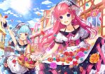  2girls :d ;d apron arm_up bare_shoulders basket blue_hair blush breasts clouds collarbone flower frilled_apron frills halterneck house kuroki_(ma-na-tu) long_hair low_twintails multiple_girls one_eye_closed open_mouth original outdoors petticoat pink_hair red_eyes sailor_collar short_sleeves skirt_hold smile sparkle sun sunlight twintails very_long_hair violet_eyes waist_apron window wrist_cuffs 