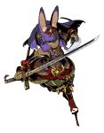  1girl animal_ears breasts character_request cleavage detached_sleeves dual_wielding floating_hair full_body himukai_yuuji large_breasts navel official_art purple_hair rabbit_ears sekaiju_no_meikyuu sekaiju_no_meikyuu_5 serious sidelocks solo sword weapon yellow_eyes 