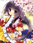  1girl :d absurdres artist_name black_hair blue_bow blue_eyes blurry blush bow cherry_blossoms depth_of_field english fan floral_print folding_fan frilled_sleeves frills hair_bow highres holding_fan japanese_clothes kimono long_hair nanaka_mai open_mouth original petals sleeves_past_wrists smile solo sparkle wide_sleeves 