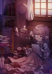  1girl bangs barefoot blanket blunt_bangs book book_stack bookshelf box chair cup dress eyepatch granblue_fantasy hat hat_removed headwear_removed highres holding holding_book long_hair long_sleeves lunaru_(granblue_fantasy) neck_ribbon notebook on_ground one_eye_covered pointy_ears purple_hair reading ribbon scroll solo uguisu_(pix-pix) violet_eyes wide_sleeves window wooden_floor wooden_wall 
