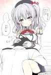  1boy 1girl admiral_(kantai_collection) blue_eyes blush gloves hat hug jacket kantai_collection kashima_(kantai_collection) long_hair silver_hair skirt smile takahashi_tetsuya translation_request twintails two_side_up uniform 