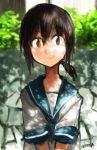  1girl brown_eyes brown_hair commentary_request ergot fubuki_(kantai_collection) kantai_collection low_ponytail school_uniform shadow 