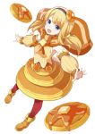  1girl blonde_hair blue_eyes butter cape detached_sleeves food food_themed_clothes food_themed_hair_ornament full_body hair_ornament hairband huyumitsu long_hair looking_at_viewer morinaga_(brand) orange_shoes orange_skirt original outstretched_arms pancake pantyhose personification red_legwear shirt shoes skirt sleeveless sleeveless_shirt smile solo spread_arms standing striped striped_shirt twintails white_background yellow_shirt 