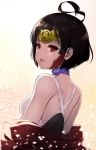  1girl back bare_shoulders brown_hair choker from_behind headgear hoshi_usagi koutetsujou_no_kabaneri lips looking_at_viewer looking_back mumei_(kabaneri) parted_lips petals red_eyes ribbon_choker short_hair smile solo upper_body 