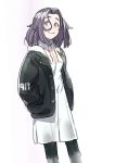  1girl black_legwear casual dress hair_between_eyes hands_in_pockets jacket kantai_collection kirusu pantyhose purple_hair short_hair sketch smile solo tatsuta_(kantai_collection) violet_eyes white_dress 