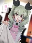  absurdres anchovy apron bed_sheet blurry blush bow brown_eyes depth_of_field drill_hair girls_und_panzer grey_hair hair_bow highres indoors looking_at_viewer open_mouth torietsu_kurou translated twin_drills 