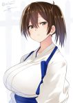  1girl asymmetrical_hair blush breasts brown_eyes brown_hair closed_mouth collarbone commentary_request expressionless hair_between_eyes isshiki_(ffmania7) japanese_clothes kaga_(kantai_collection) kantai_collection kimono large_breasts short_hair side_ponytail solo upper_body 