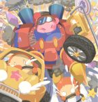  aviator_cap car closed_eyes driving flying_teardrops goggles_on_hat kirby kirby:_planet_robobot kirby_(series) mecha motor_vehicle road_sign sign spring_(object) star ticktack_chicken tire traffic_light vehicle waddle_dee 