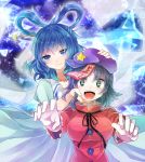  2girls blue_dress blue_eyes blue_hair dress green_eyes hair_ornament hair_rings hair_stick holding_head jiangshi kaku_seiga kasuura_(cacula) miyako_yoshika multiple_girls ofuda open_mouth outstretched_arms short_sleeves star touhou zombie_pose 