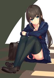  1girl between_legs blue_eyes blue_shirt blue_skirt brown_hair brown_shoes closed_mouth collarbone crossed_legs eyebrows eyebrows_visible_through_hair full_body green_legwear hair_ribbon head_tilt highres index_finger_raised indoors kagematsuri knees_up loafers long_hair long_sleeves low_ponytail neckerchief original pink_ribbon pleated_skirt ribbon sailor_collar school_briefcase shirt shoes sitting skirt smile solo stairs sunlight tareme thigh-highs thighs upskirt window 