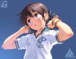  1girl aoi_sora_(pairan) blush brown_eyes brown_hair hair_ornament hair_ribbon hairclip long_hair open_mouth original pairan polo_shirt popped_collar ribbon shirt solo twintails white_shirt wristband 