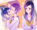 2girls blue_eyes blue_hair blush character_doll closed_eyes cure_diamond dokidoki!_precure hair_ornament hairclip hishikawa_rikka kenzaki_makoto kiss long_hair multiple_girls negom precure purple_hair school_uniform short_hair yuri