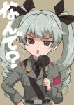  anchovy bangs brown_eyes commentary_request drill_hair girls_und_panzer green_hair hair_ribbon hand_on_hip holding_microphone jacket microphone military military_uniform necktie otoufu ribbon shirt translated twin_drills uniform 