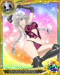  1girl artist_request braid card_(medium) character_name chess_piece elbow_gloves gloves grayfia_lucifuge grey_eyes high_school_dxd jewelry lipstick maid_headdress makeup necklace official_art queen_(chess) red_lipstick silver_hair solo thigh-highs trading_card twin_braids 