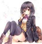  1girl black_hair blazer braid brown_eyes doughnut food jacket long_hair nogi_takayoshi open_mouth original school_uniform solo thigh-highs twin_braids 