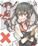  2girls ^_^ armpits arms_up blush brown_hair closed_eyes commentary grey_eyes grey_hair hair_ornament hair_rings hairclip kantai_collection kvlen long_hair multiple_girls muneate open_mouth sendai_(kantai_collection) skirt smile squiggle twintails two_side_up x_arms zuikaku_(kantai_collection) 