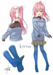 1girl blue_eyes bodystocking feet gurande_(g-size) highres long_hair miniskirt off-shoulder_sweater off_shoulder open_mouth original pantyhose pink_hair ponytail ribbed_sweater ribbon skirt smile solo sweater 