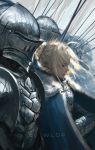  1girl armor artist_name blonde_hair blurry braid breastplate cape chainmail fate/grand_order fate/stay_night fate_(series) gauntlets hair_bun helmet highres lance long_hair pauldrons polearm profile reflection saber war weapon wind wlop 
