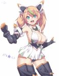  1girl :d aqua_eyes ass ass_visible_through_thighs bare_shoulders black_panties blonde_hair blush boots breasts collar covered_navel dated dress elbow_gloves gauntlets gene_(pso2) gloves green_hair hair_between_eyes headgear huge_breasts long_hair looking_at_viewer multicolored_hair open_mouth panties phantasy_star phantasy_star_online_2 short_dress silver_bell_(artist) simple_background sleeveless sleeveless_dress smile solo thigh-highs thigh_boots thigh_gap thighs twintails underwear white_background zettai_ryouiki 