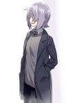  1girl casual coat collared_shirt grin hair_over_one_eye hands_in_pockets kantai_collection kirusu purple_hair shirt short_hair sketch smile solo sweater tenryuu_(kantai_collection) yellow_eyes 