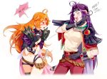  1203_taro 2girls ahoge angry blush cape circlet cosplay costume_switch covering headband korean laughing legband lina_inverse looking_at_another multiple_girls naga_the_serpent open_mouth orange_hair pauldrons purple_hair shoulder_pads slayers translation_request white_background 