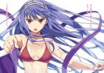  1girl bikini blue_hair breasts hairband hamashima_shigeo highres long_hair looking_at_viewer open_mouth red_bikini ribbon scan sidelocks simple_background solo swimsuit upper_body violet_eyes wet white_background 