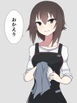  1girl apron black_apron blush brown_eyes brown_hair buttons girls_und_panzer hinomaru_(futagun) holding_plate long_sleeves looking_at_viewer nishizumi_maho plate short_hair simple_background smile solo translation_request 